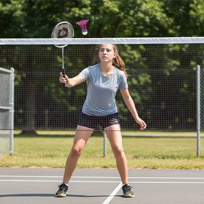 Jeune fille avec volant badminton sur terrain extérieur
