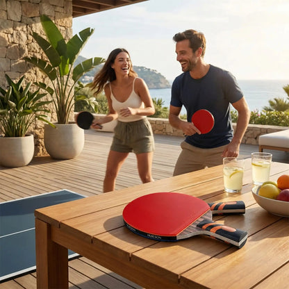 Couple au soleil raquettes de ping pong