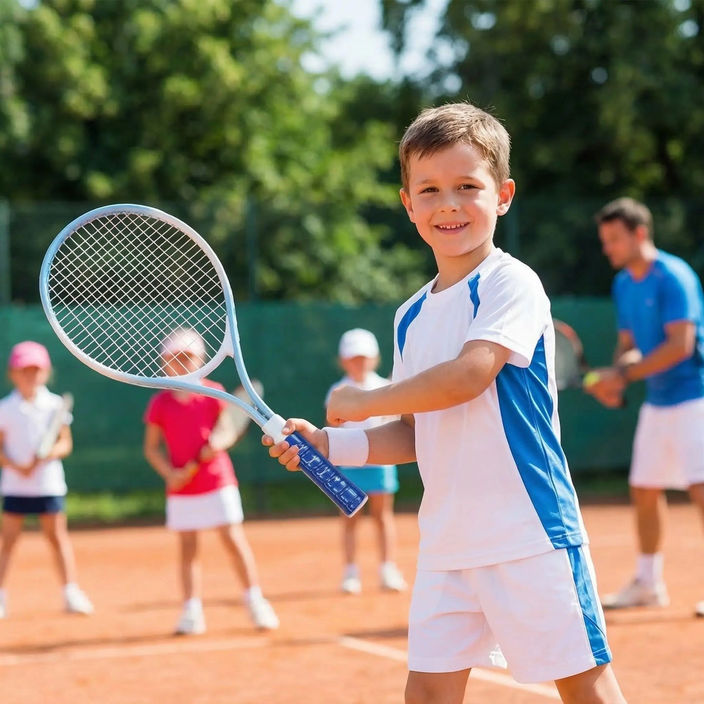 Entant joue raquette de tennis bleu