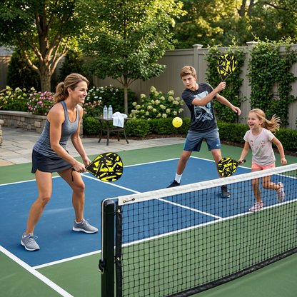 Famille joue avec padel raquette dans leur cours