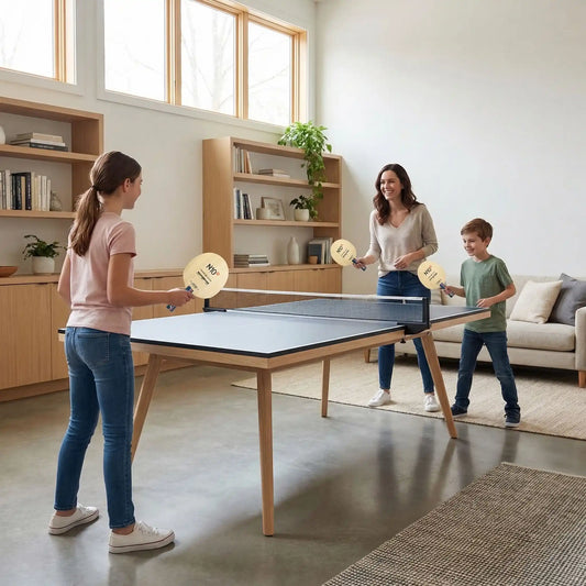 Famille joue avec raquette de ping pong en bois