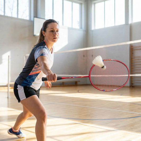 Femme raquette badminton rouge gymnase