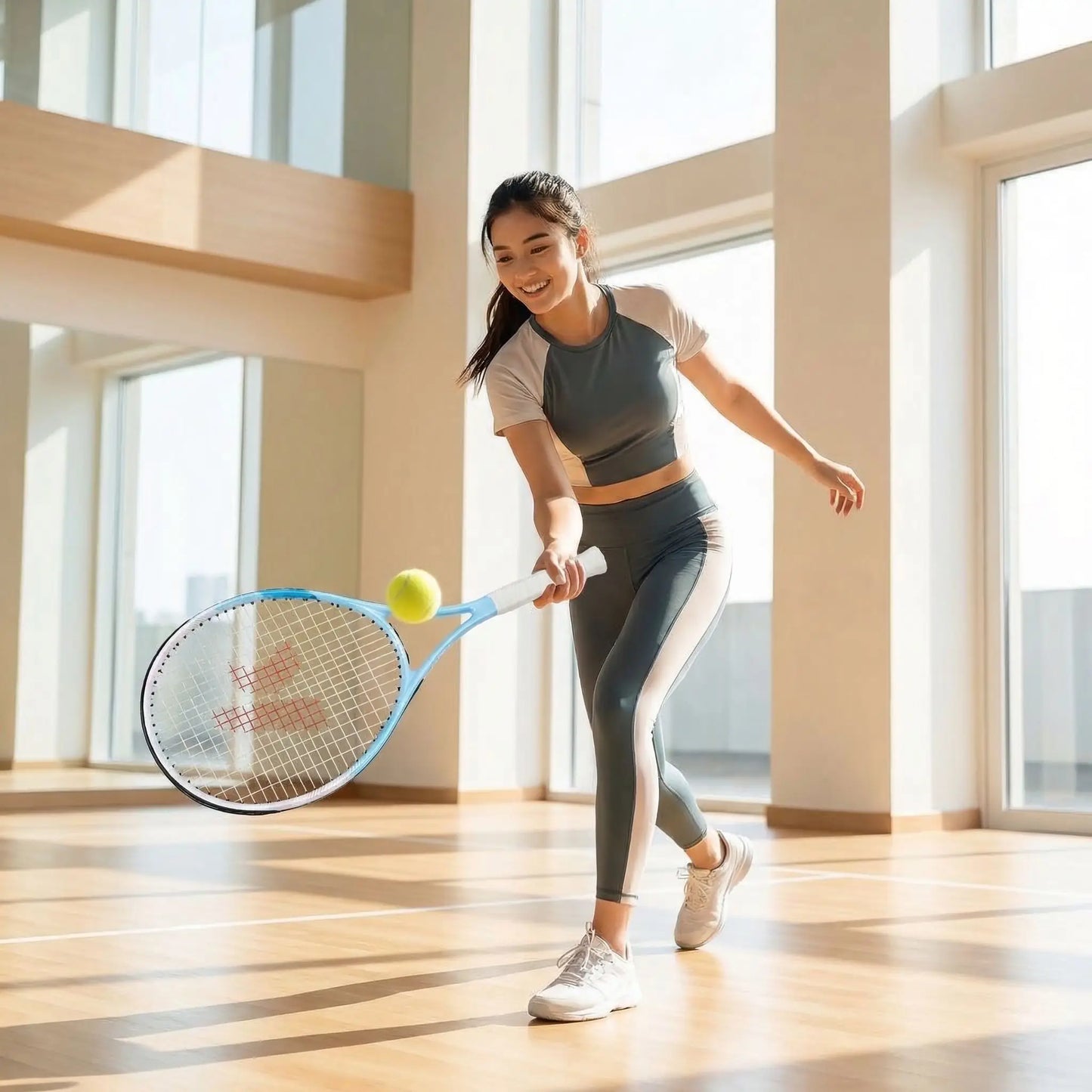 Femme raquette tennis bleue