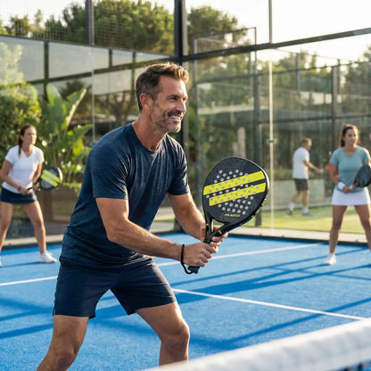 Homme heureux au filet avec raquette padel jaune