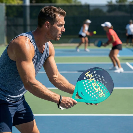Homme joue pickleball avec raquette de padel
