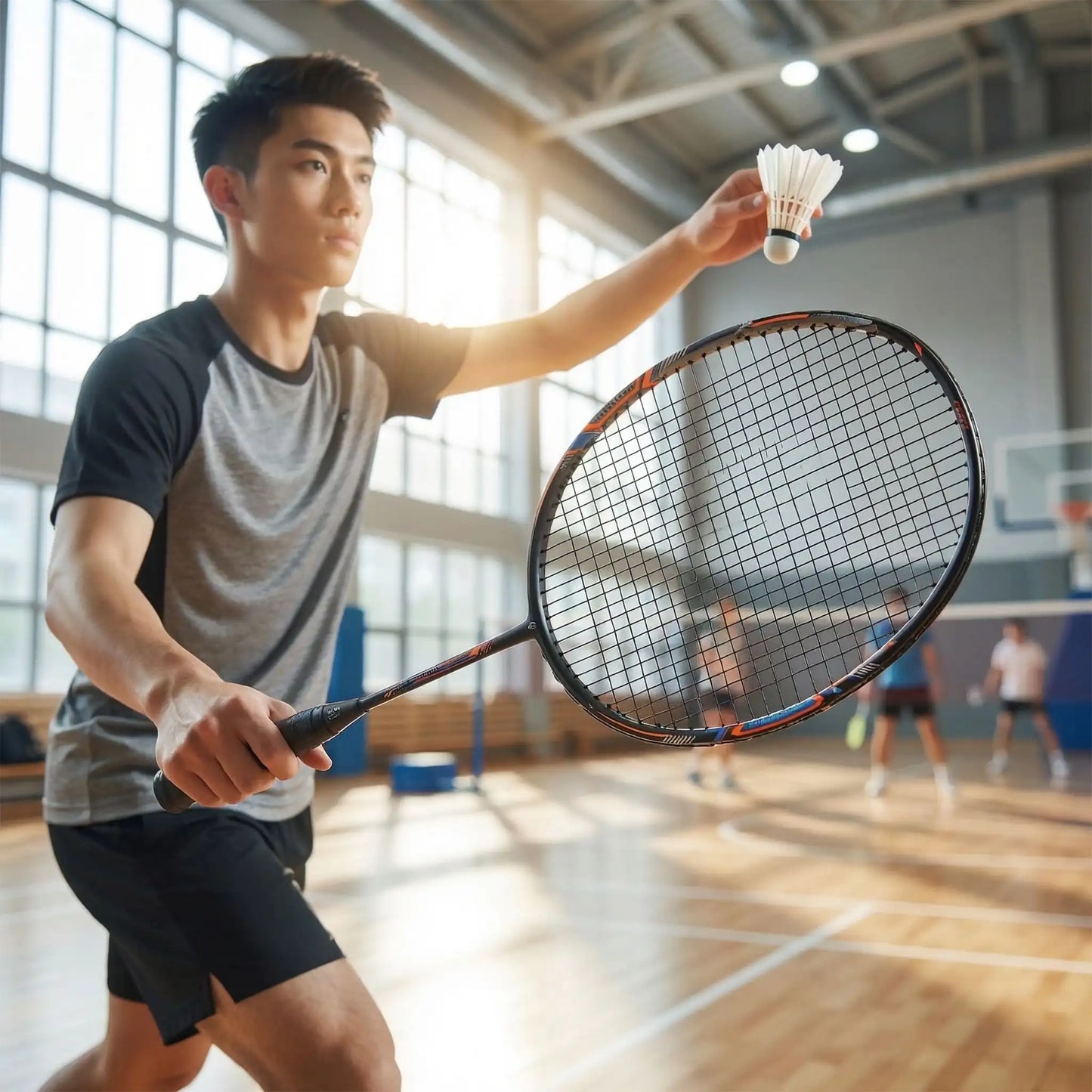 Homme joue raquette badminton noir gymnase