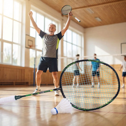 Homme raquette badminton gymnase souriant