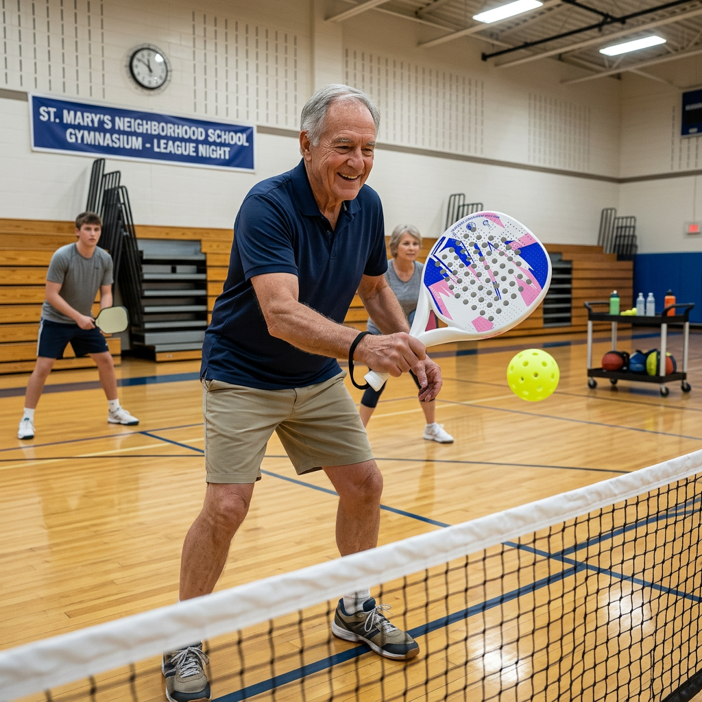 Homme souriant avec sa raquette de padel ligue de quartier