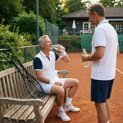 Homme en pause avec raquette de tennis