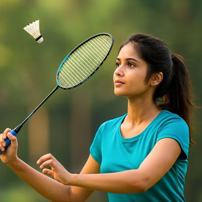 Jeune fille fait une touche avec volant badminton plume