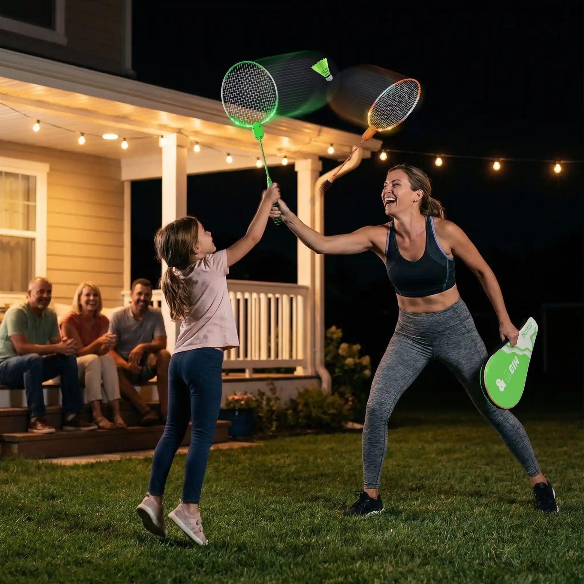 Mère et fille jouent raquettes badminton nuit