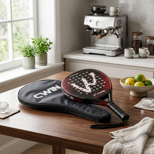 Padel raquette rouge sur table de cuisine