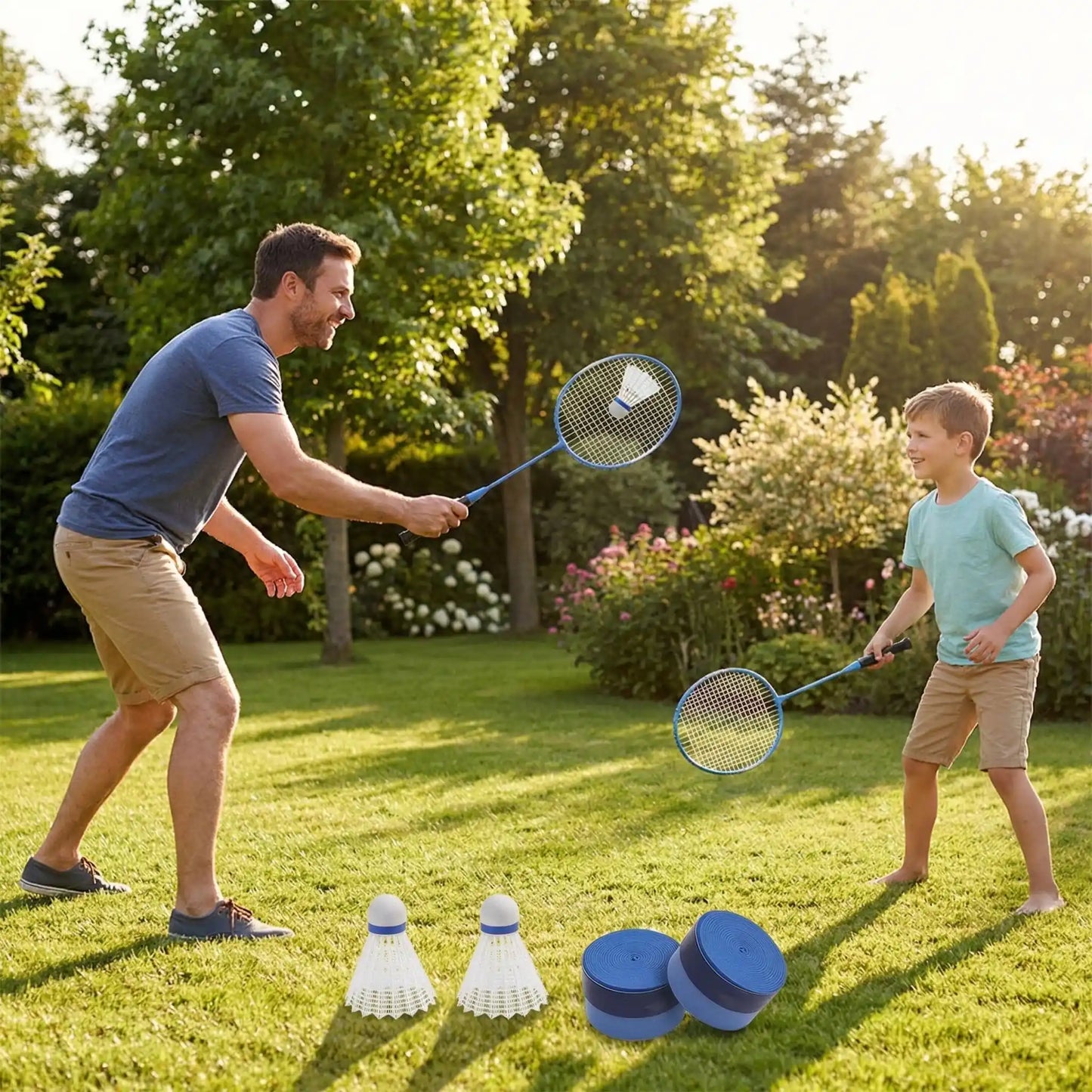 père et fils raquettes badminton parc