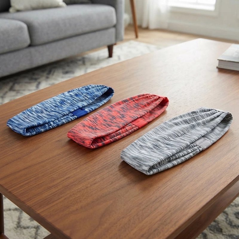 Bandeau cheveux sport​ de trois couleurs sur une table de salon