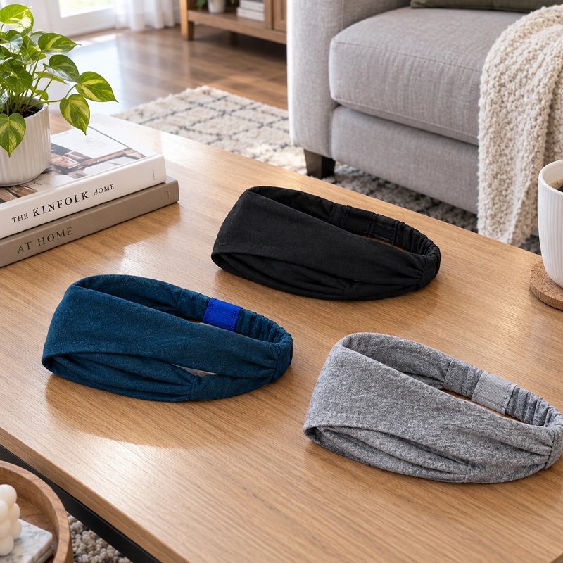 Bandeau sport homme​ bleu gris et noir sur une table de salon