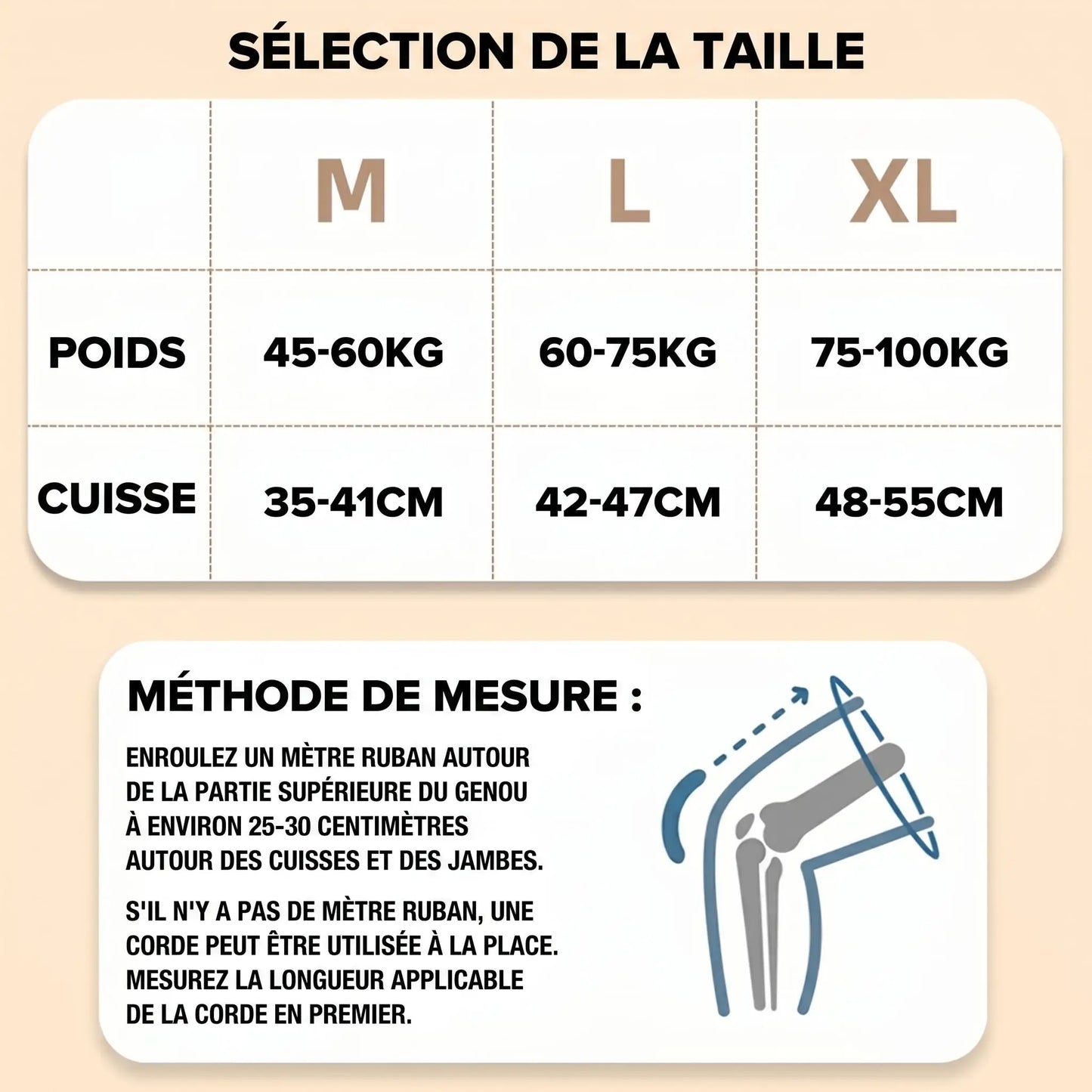 Charte de grandeur manchon de compression genou