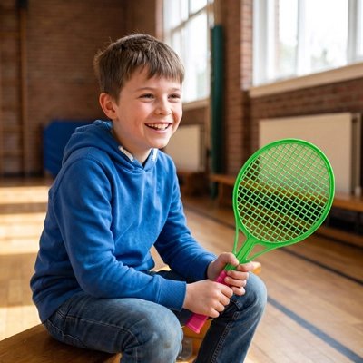 Enfant assis sur un banc avec sa raquette de tennis enfant