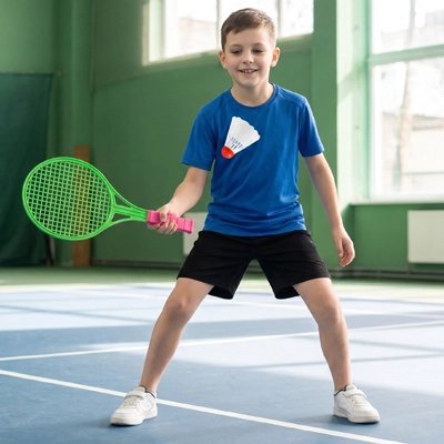 Enfant joue au badminton avec raquette de tennis enfant