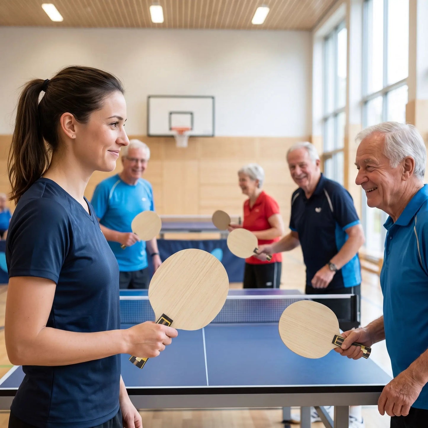 Entraineur avec élèves avec leur raquette ping pong