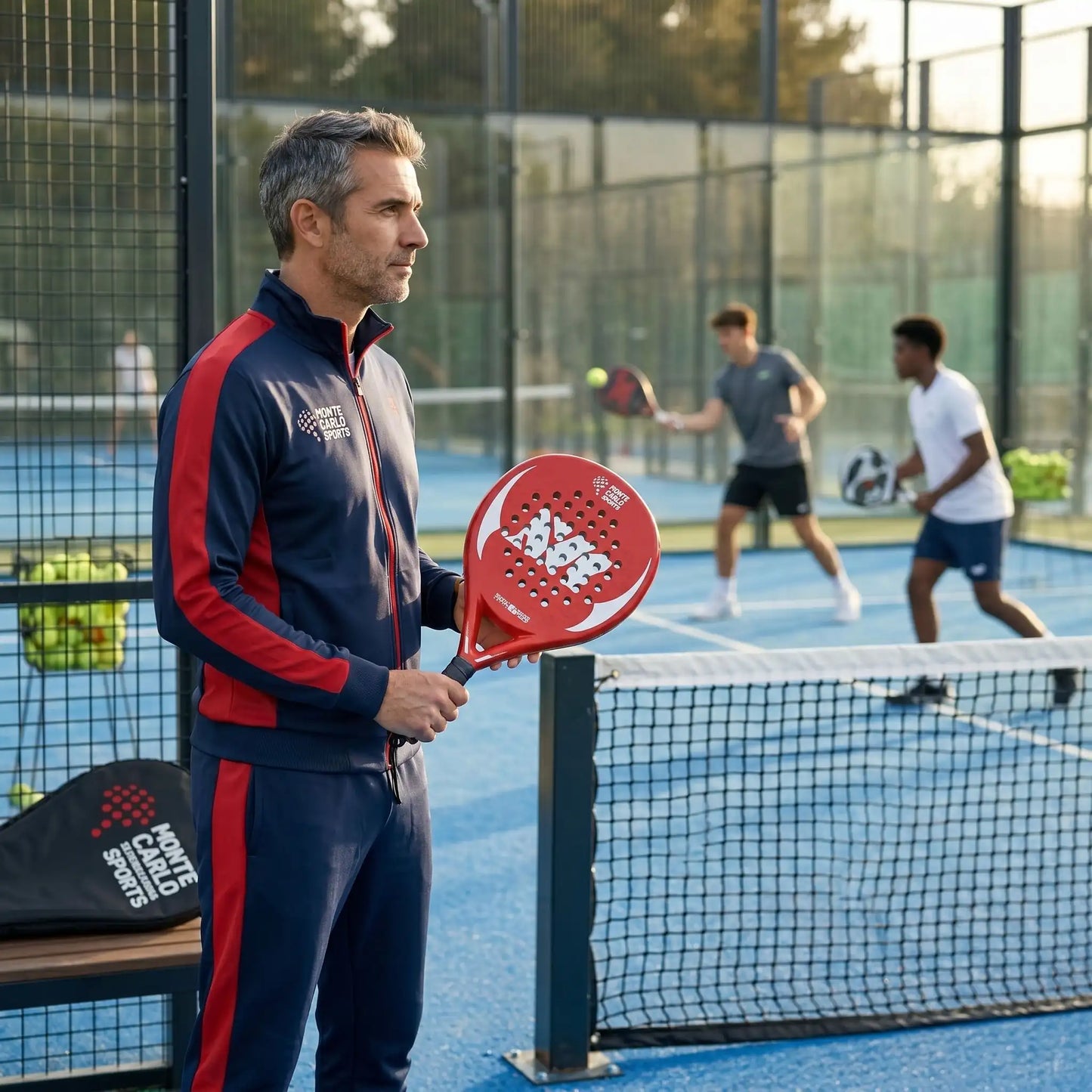 Entraineur regarde ses athlètes avec sa raquette de padel