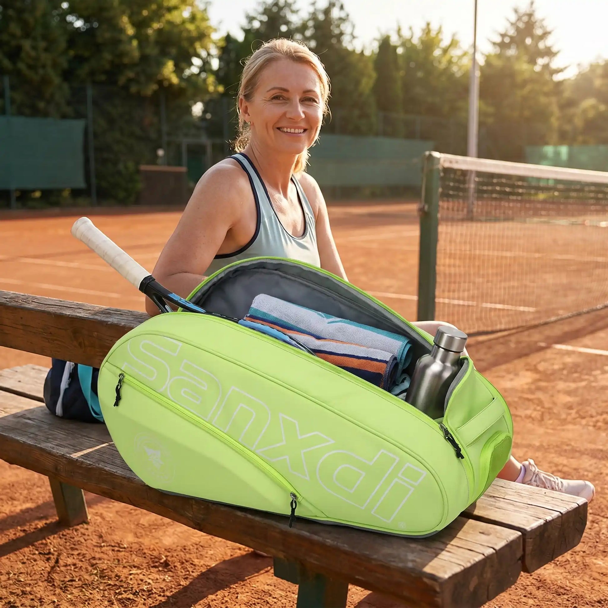 Femme assise au banc des joueurs avec sac de tennis 6 raquettes