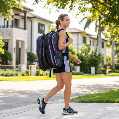 Une femme dans la rue avec son sac de padel pratique et léger