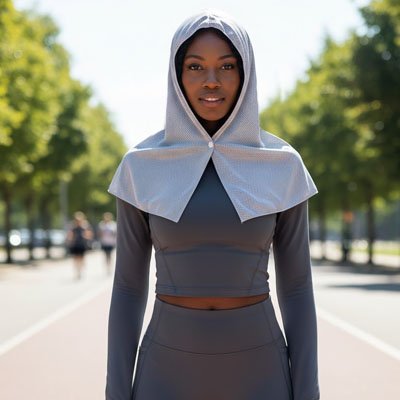 Femme fait sa course matinale avec sa serviette de sport​ grise