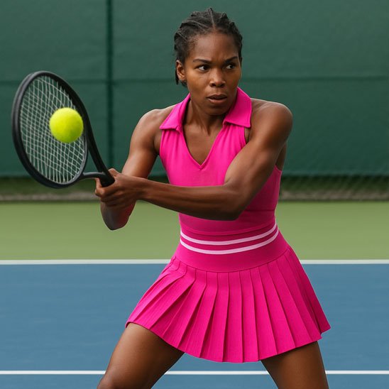 Femme frappe un revers avec sa jupe tennis rose