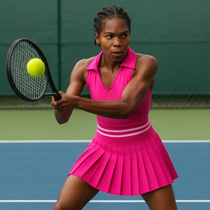 Femme frappe un revers avec sa jupe tennis rose