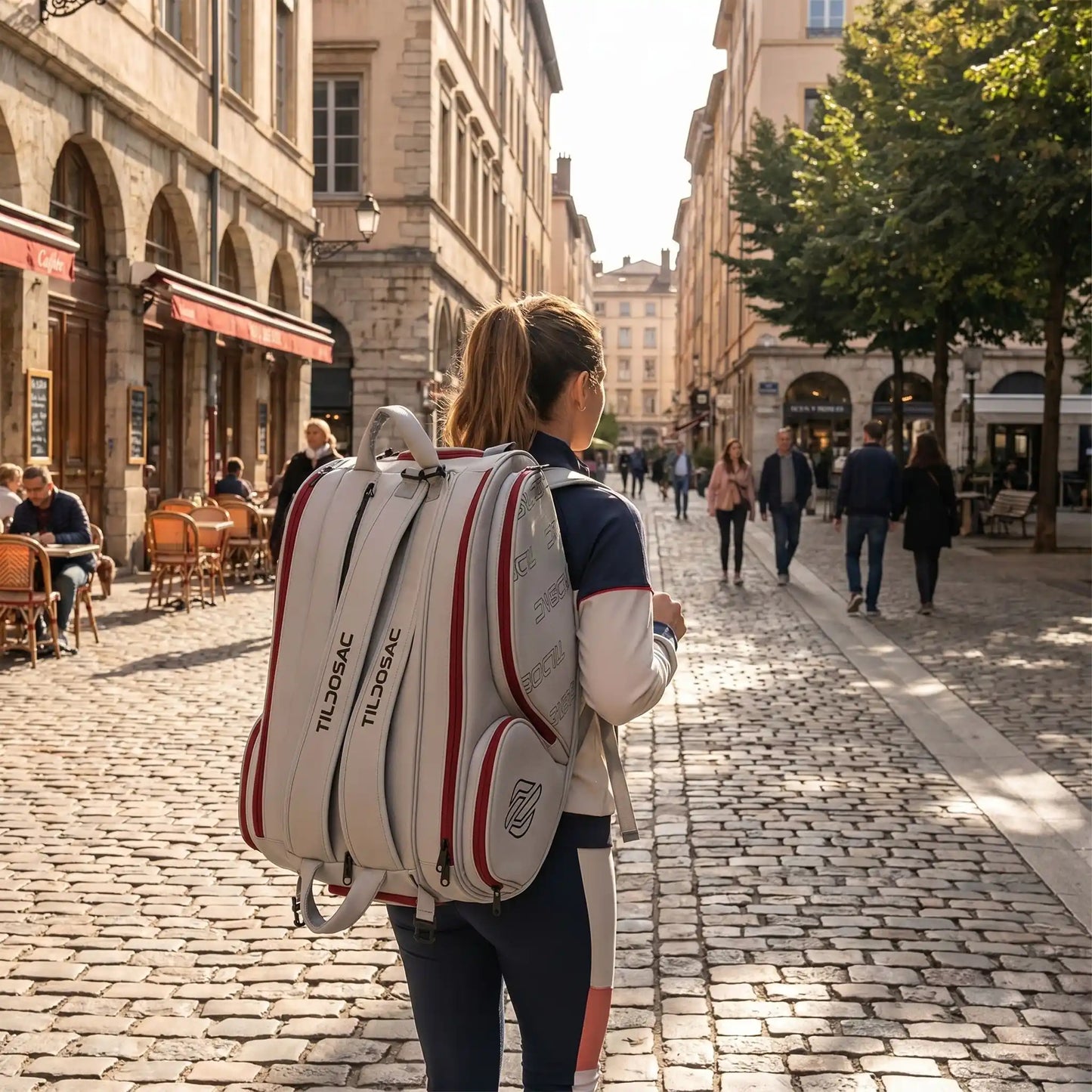 Femme marche dans la rue avec son sac de padel gris rouge