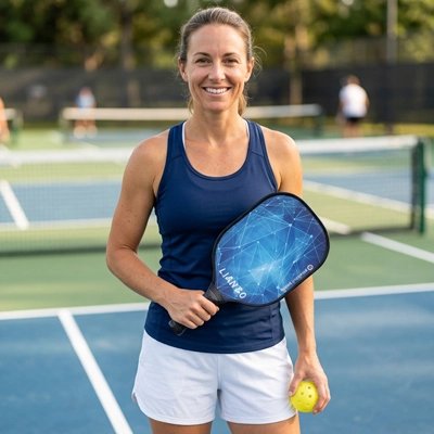 Femme souriante avec sa raquette de pickleball et une balle