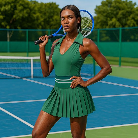 Femme sur terrain de tennis avec sa jupe tennis verte