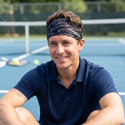 Homme assis sur le sol souriante avec bandeau tennis​