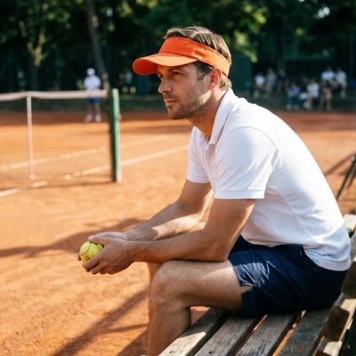 Homme au banc sur terrain de tennis avec sa casquette tennis