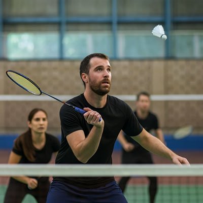 Homme au filet avec volant badminton plume