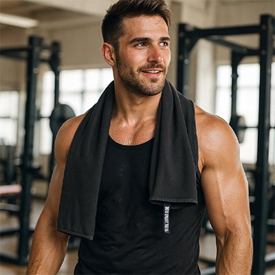 Homme avec serviette de sport​ noire au gym