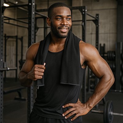 Homme avec serviette de sport​ noire sur les épaules 