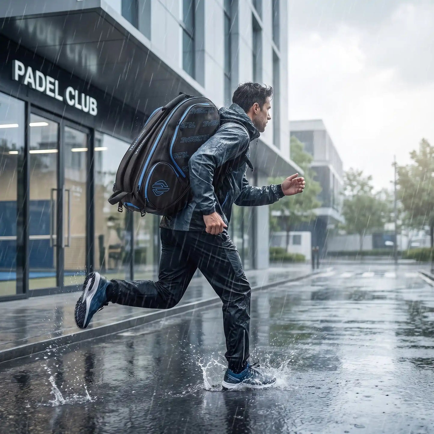 Homme cours sous la pluie avec son sac de padel imperméable