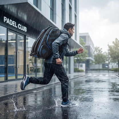 Homme cours sous la pluie avec son sac de padel imperméable