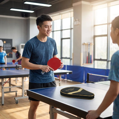 Homme discute avec partenaire de jeu et sa raquette ping pong
