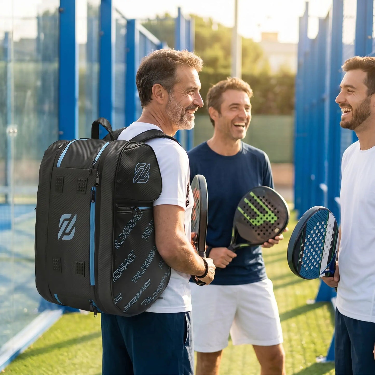 Homme discute avec partenaires de jeu avec son sac de padel noir bleu