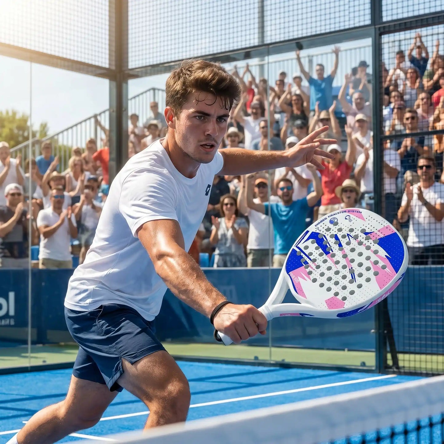 Homme en tournoi avec sa raquette de padel