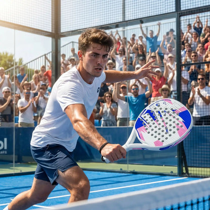 Homme en tournoi avec sa raquette de padel