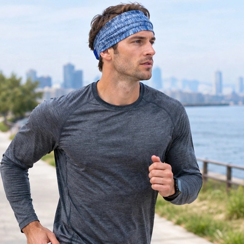 Homme fait du jogging près dans un parc avec son bandeau cheveux sport​