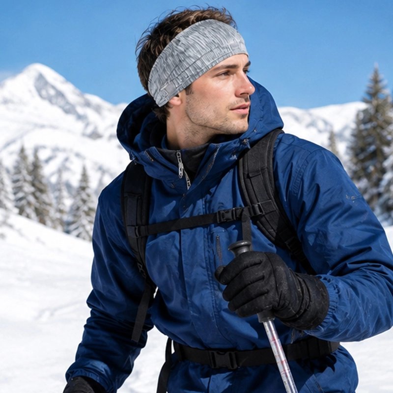 Homme fait du ski avec son bandeau cheveux sport​