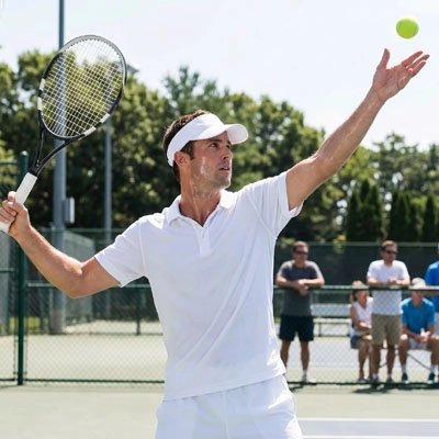 Homme fait un service avec casquette tennis blanche