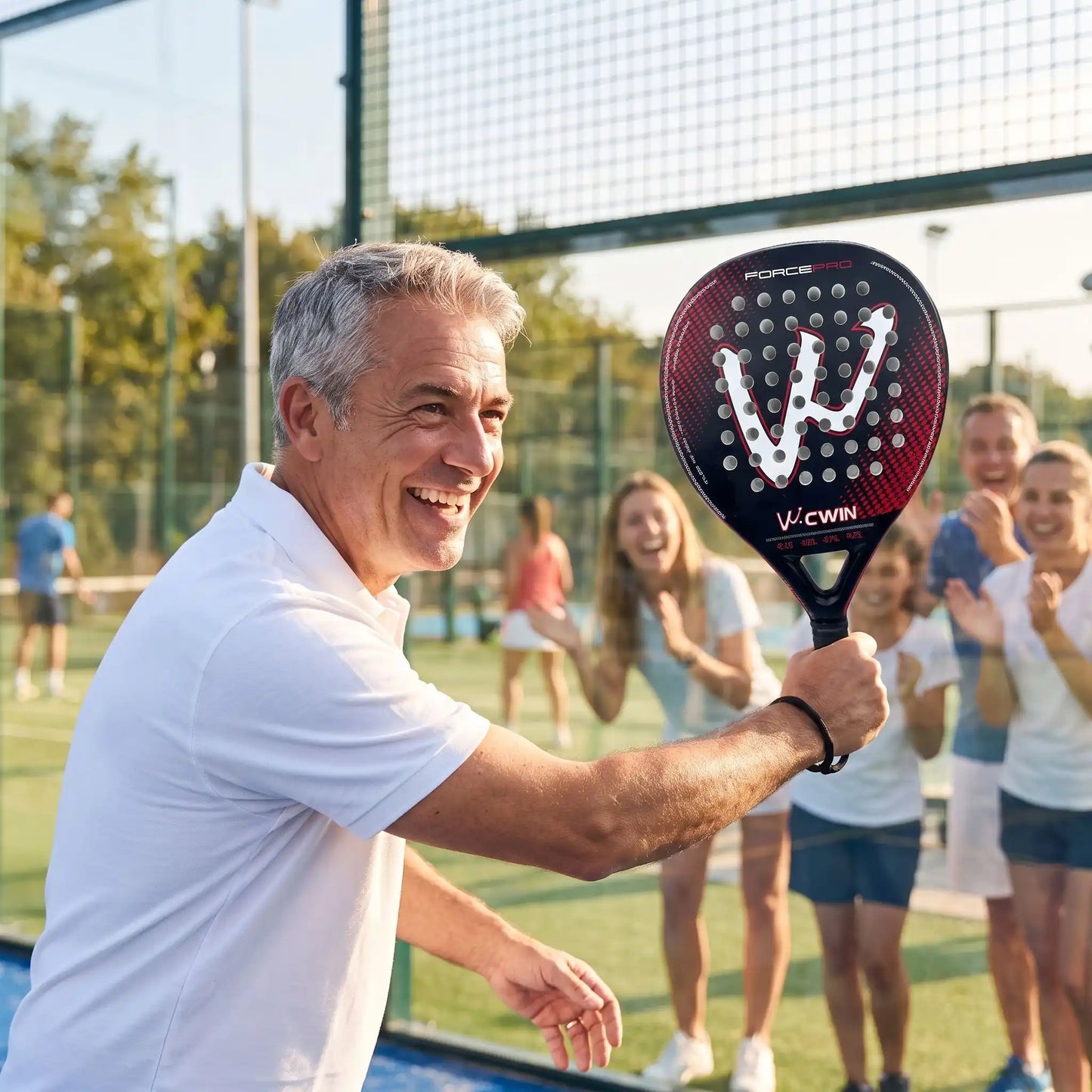 Homme frappe balle au filet avec padel raquette