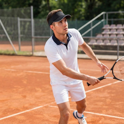 Homme joue au tennis sur terre battue avec casquette à visière