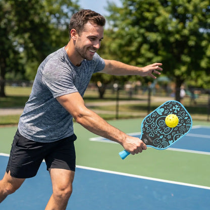 Homme joue avec pickleball raquettes bleues
