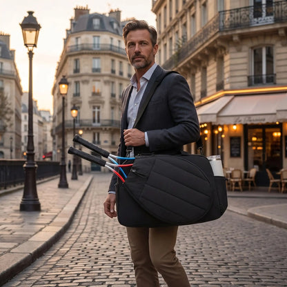 Homme porte son sac de tennis léger après le boulot